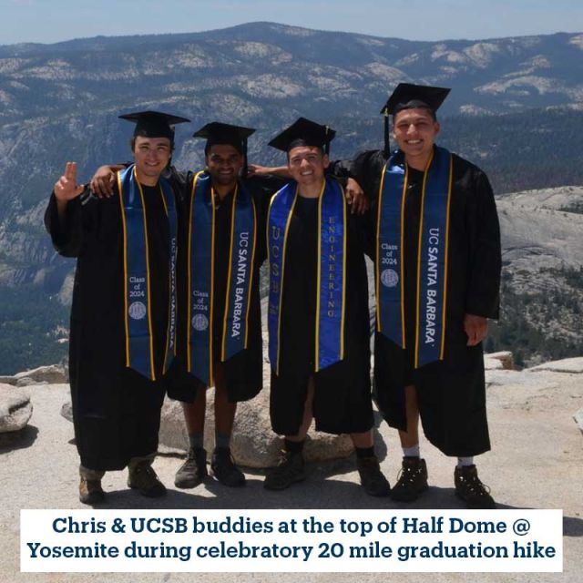 photo of chris and friends in graduation gown at the top of Half Dome at Yosemite