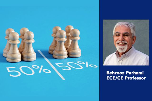 illustration of chess pawns and 50-50% with parhami headshot