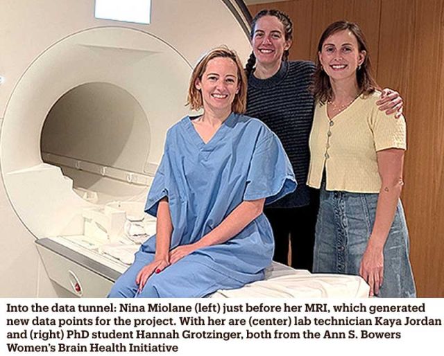 photo of miolane along with a phd student and lab technician by the MRI machine