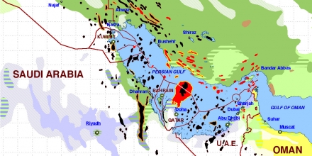 Map of the Persian Gulf region, with oil and gas fields