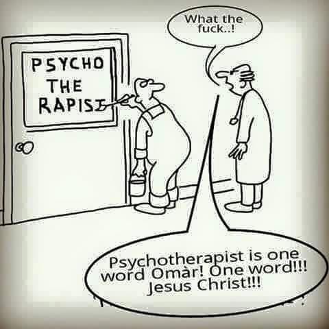 Cartoon showing the word 'psychotherapist' written as 'psycho the rapist' on an entry door