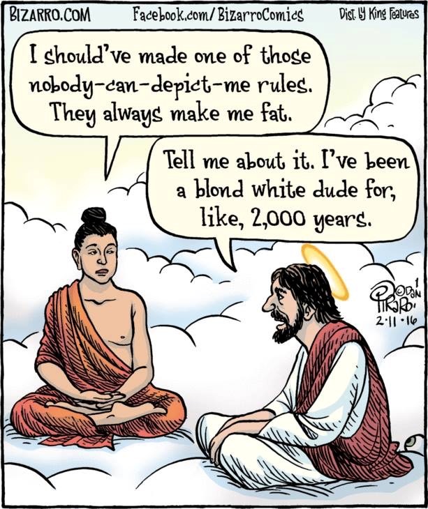 Cartoon showing Buddha talking to Jesus on the clouds