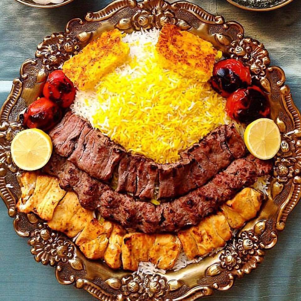 Persian chelow-kabob, with two kinds of beef-kabob and one chicken-kabob