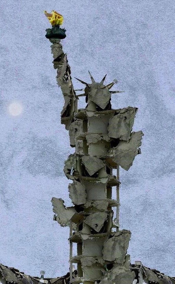 Syrian artist's Statue of Liberty, built from Aleppo's bombing rubbles