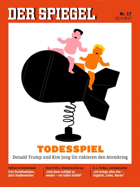 Cover of 'Der Spiegel,' bearing a cartoon of Donald Trump and Kim Jong Un on a bomb