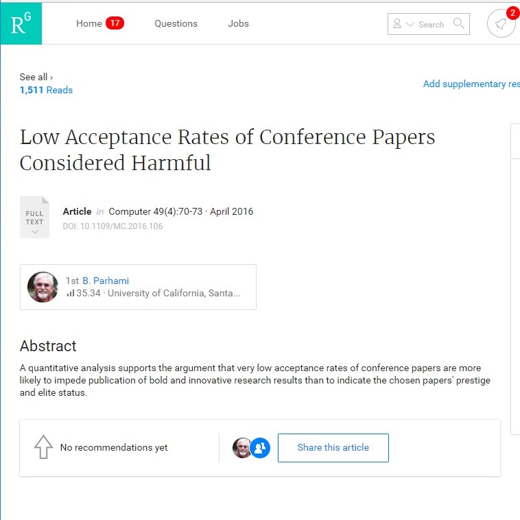 Screenshot of ResearchGate showing 1511 reads for my article