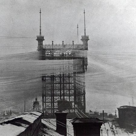 Telephone tower in Stockholm, Sweden, that served over 5000 customer lines, ca. 1890