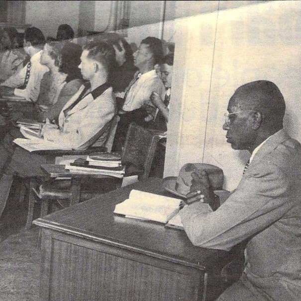 George W. McLaurin, a 54-year-old African-American, was forced to sit apart from white students upon admission to University of Oklahoma in 1948