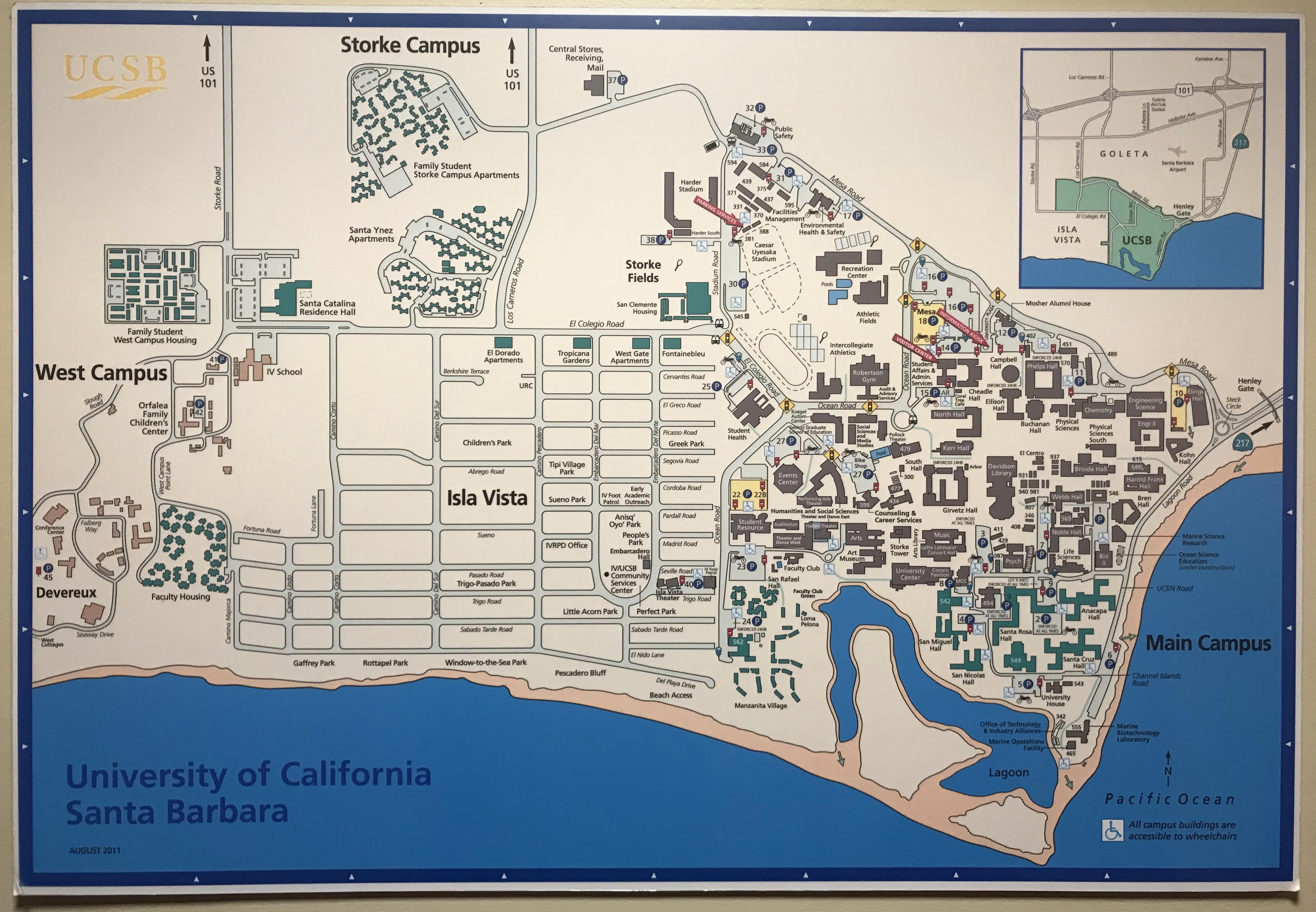 Map of Isla Vista and UCSB, including Main and West Campus areas