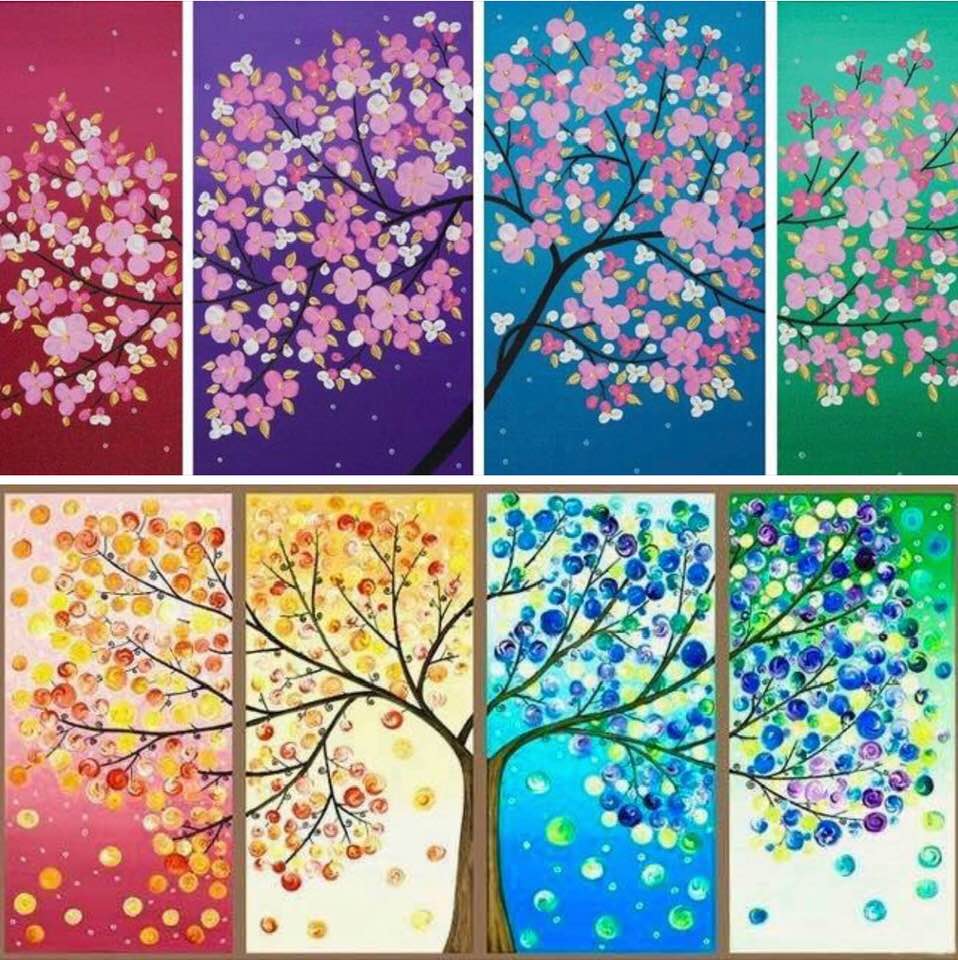Two multi-panel paintings representing the four seasons (likely by the same artist, unknown to me)