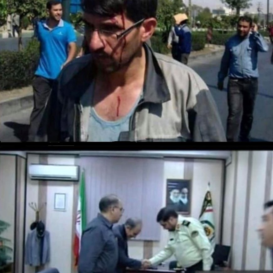 How Iran's police treats people: A protesting worker and a murderous former minister/mayor