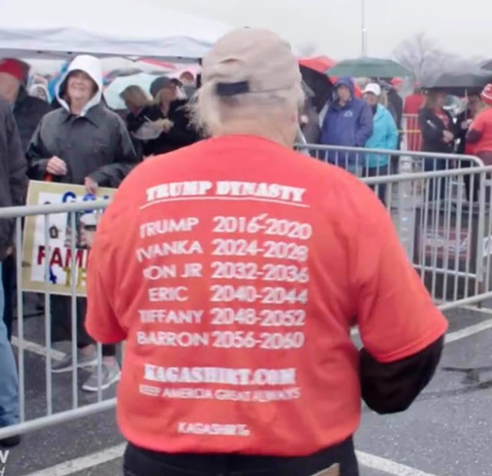 Trump supporter wearing a T-shirt with names of Trump family members as consecutive presidents
