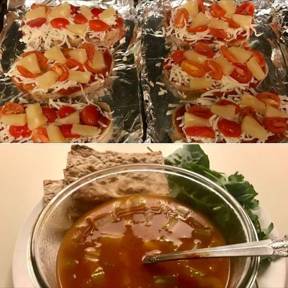 Mini-pizzas on sourdough bread and hearty vegetable soup for dinner (with leftovers)