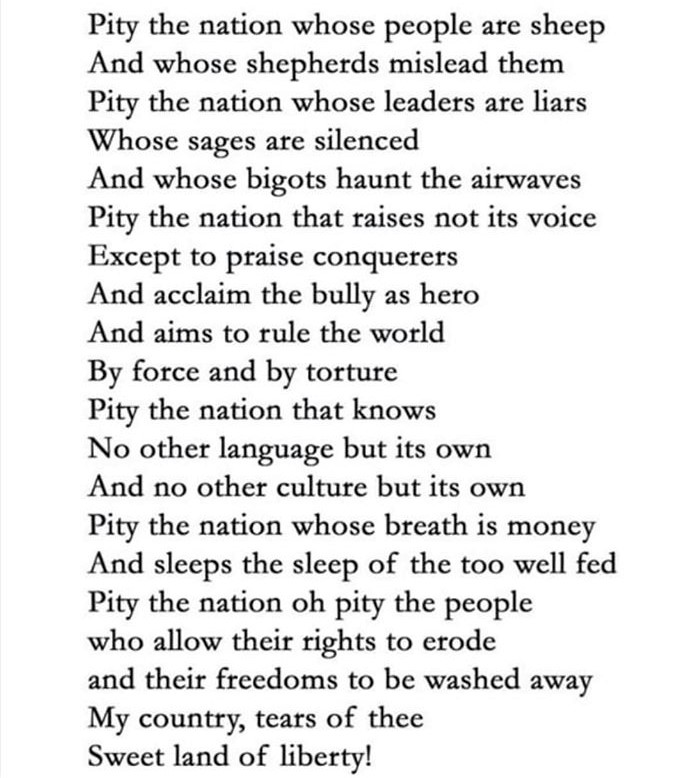 'Pity the Nation' (after Khalil Gibran): English poem by Lawrence Ferlinghetti