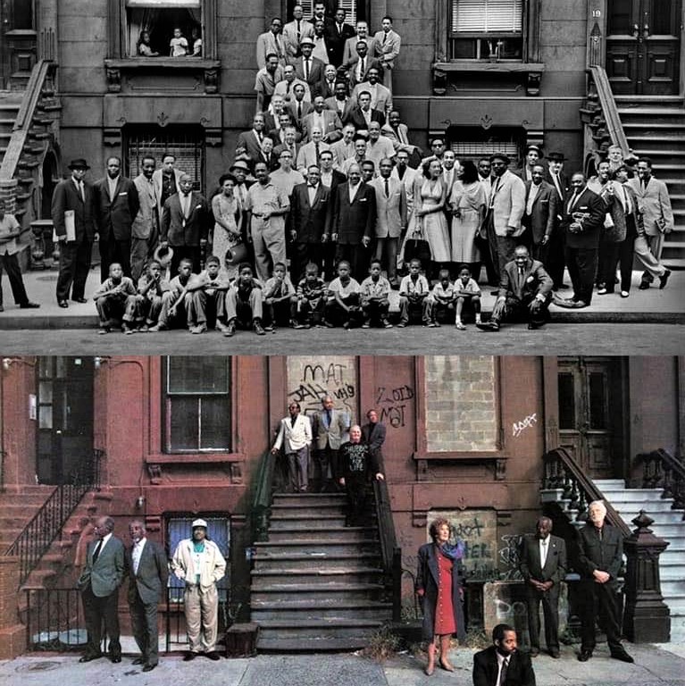 Great day in Harlem: Original photo from 1958 and photo of the survivors in 1996