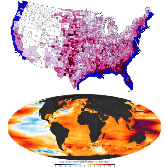 US and world maps showing the effects of sea-level rise