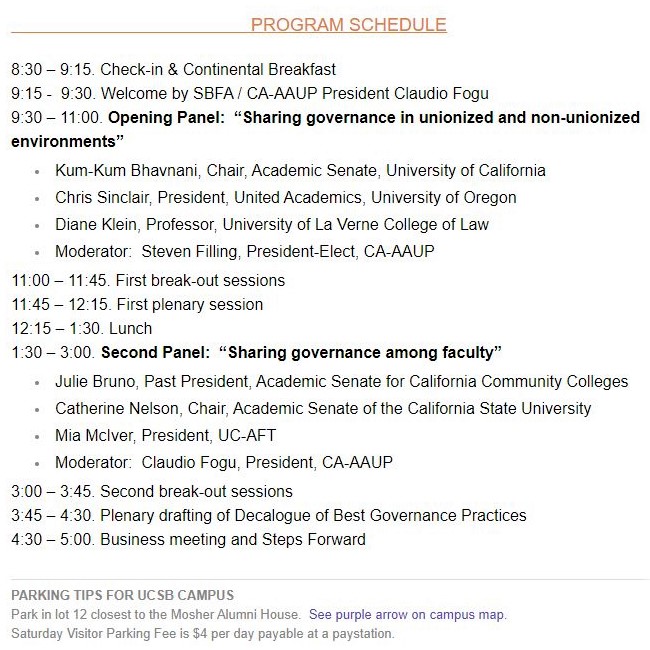 CA-AAUP conference at UCSB's Mosher Alumni House: Event program