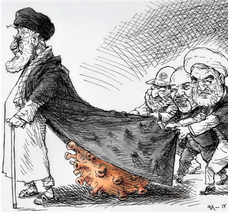 Iranwire.com cartoon: Khamenei hiding the coronavirus under his robe