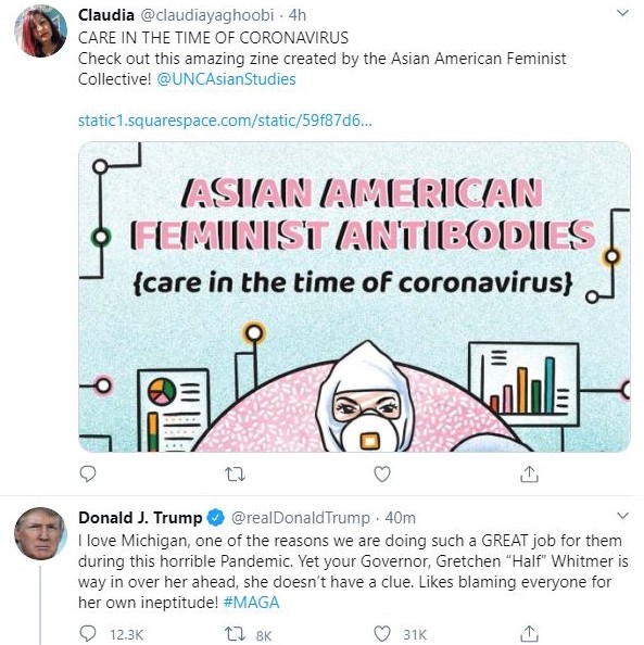 Positivity and negativity in two consecutive tweets: Asian-American feminists and Donald Trump