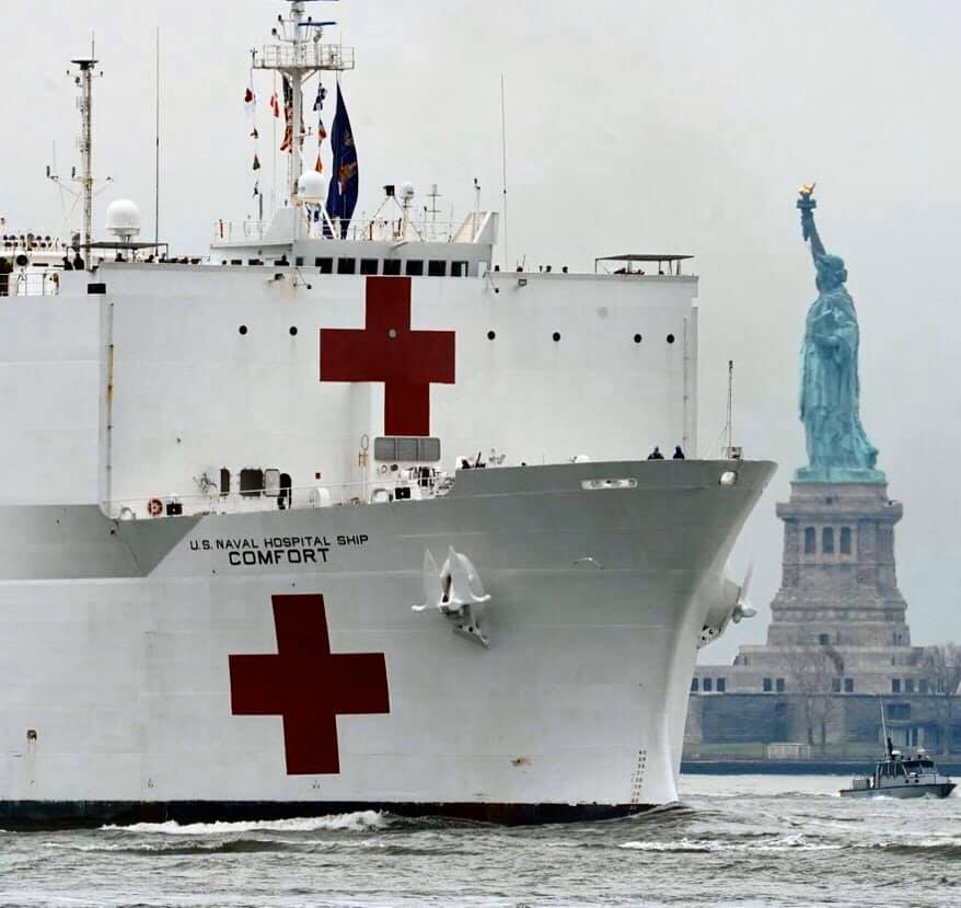 Giant US Navy hospital ships have anchored on both coasts to provide relief for inundated hospitals