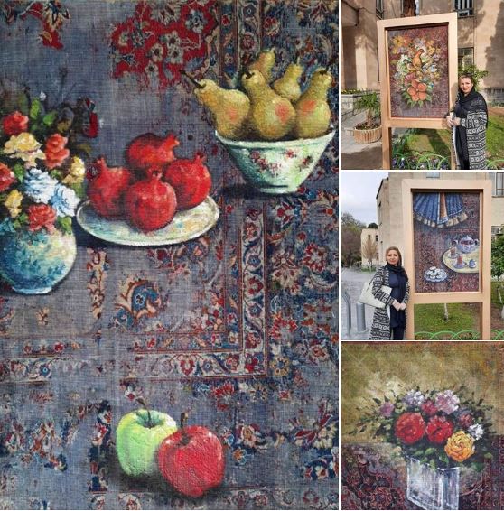 A new style of painting: Pieces of old, worn-out Persian carpets used as canvas to produce interesting art pieces
