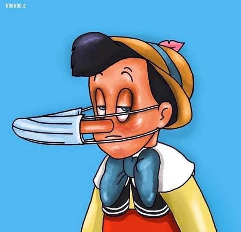 Cartoon: Pinocchio has difficulties wearing a breathing mask