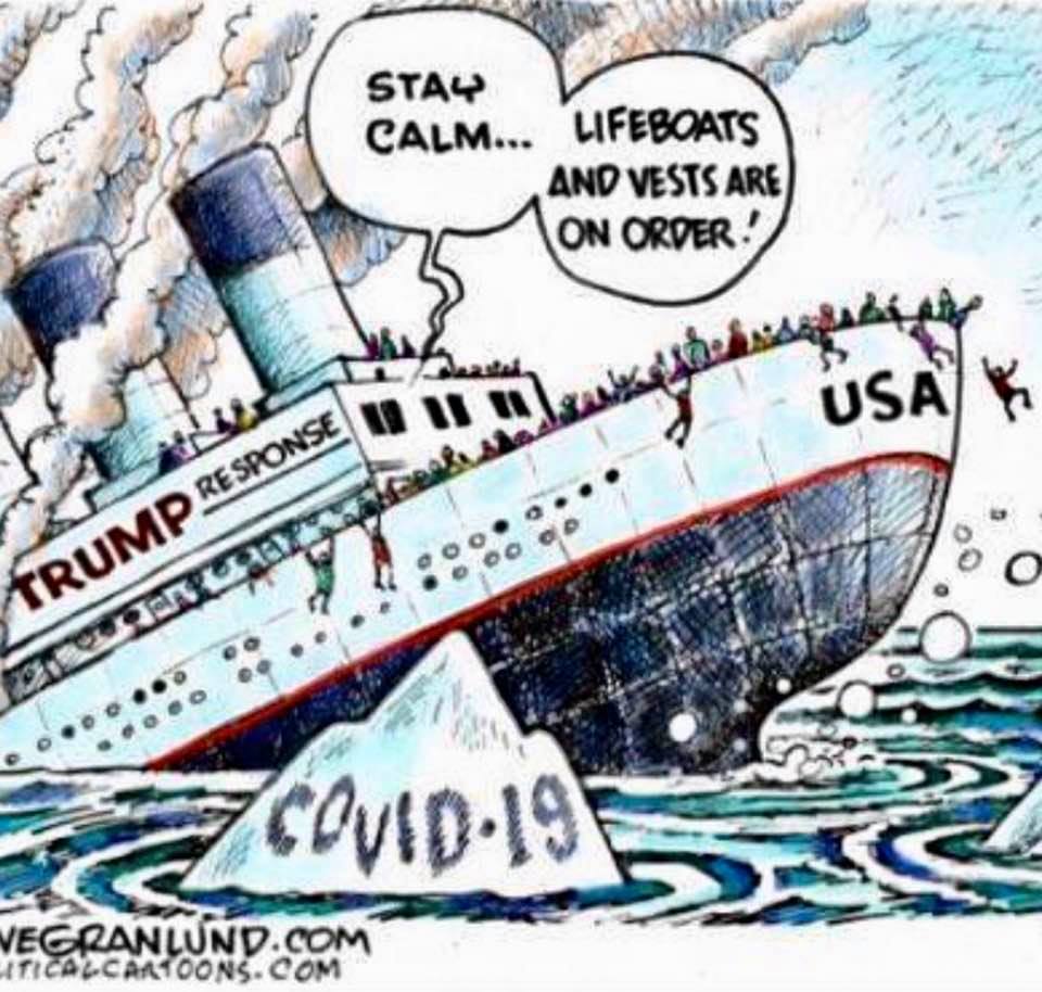 Cartoon: Captain Trump reassures passengers on the Titanic that lifeboats and vests are on order!