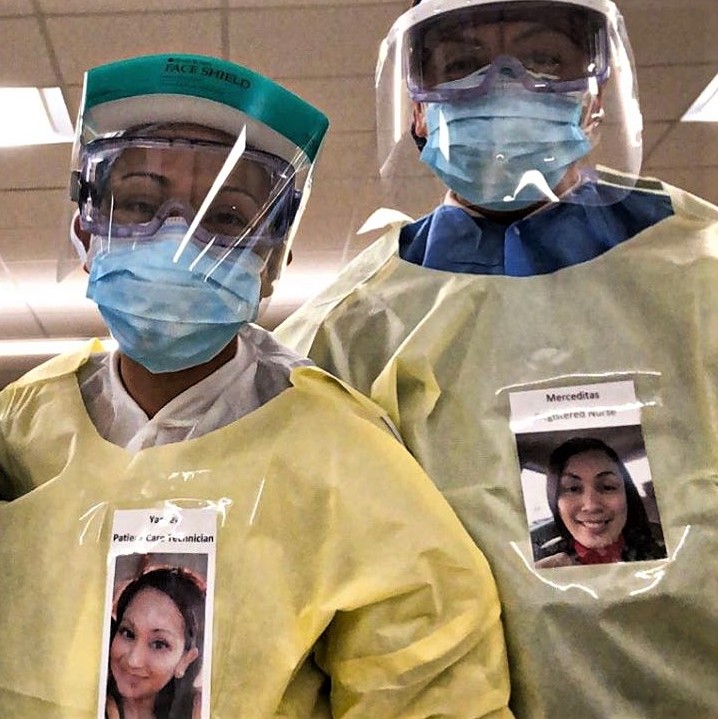 Healthcare workers display photos to help patients see the real person behind the protective gear