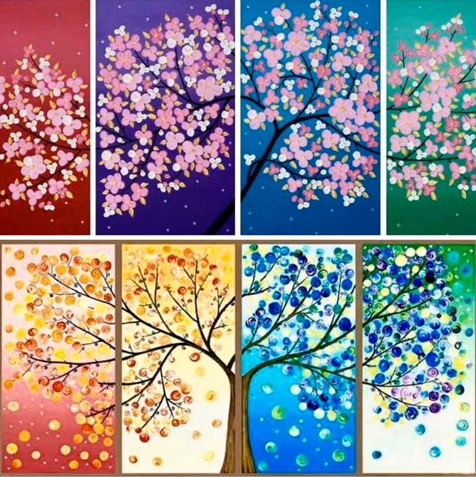 Two multi-panel paintings depicting the four seasons