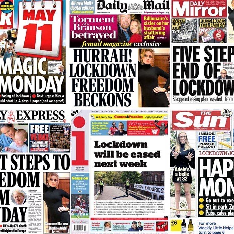 UK newspapers celebrating Monday's easing of restrictions on economic activities