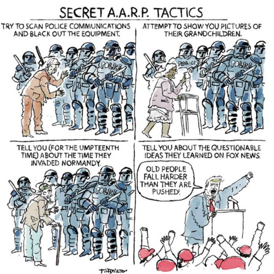 Cartoon strip: The terrorist group calling itself 'AARP' teaches its members secret tactics to use against the police!