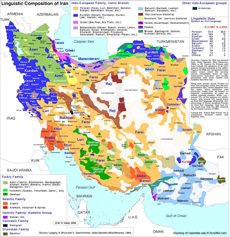 Linguistic composition of Iran: Map from Persian Heritage web site.
