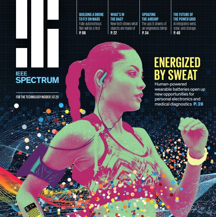 IEEE Spectrum magazine cover feature (July 2020): Human sweat to provide energy source for wearable electronics