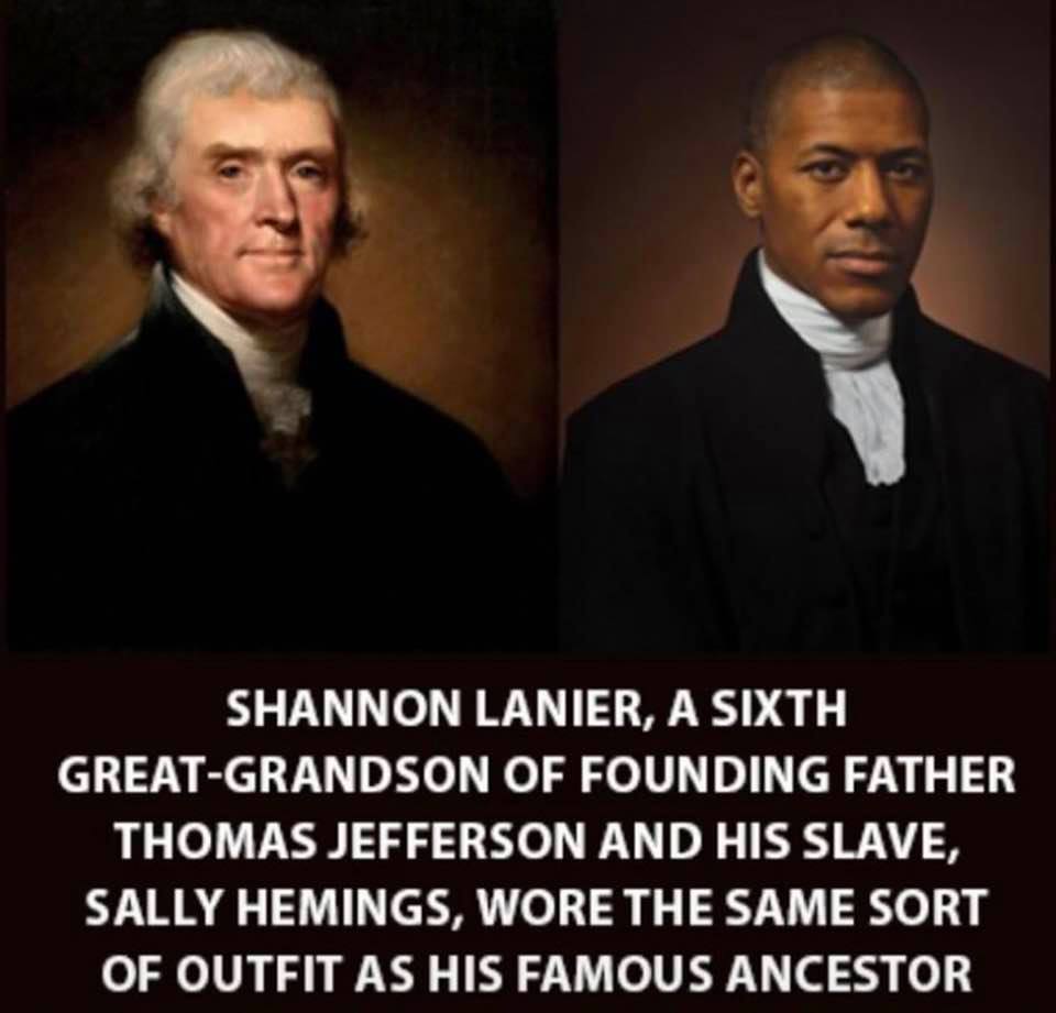 Shannon LaNier, a TV host in Houston, is pictured in a photo in 'Smithsonian Magazine' alongside his direct ancestor, Thomas Jefferson