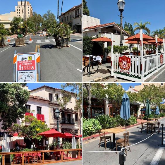 Santa Barbara downtown restaurants/cafes have taken over much of State Street, now closed to vehicle traffic