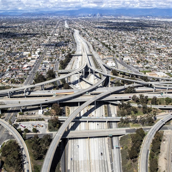 One of the most-crowded freeway interchanges in Los Angeles was nearly deserted on April 24, 2020