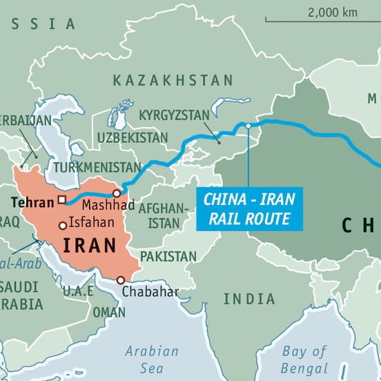 Map of Asia, showing the rail route between China and Iran