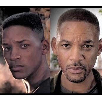 Will Smith at his current age and in de-aged form for the 2019 action movie 'Gemini Man'