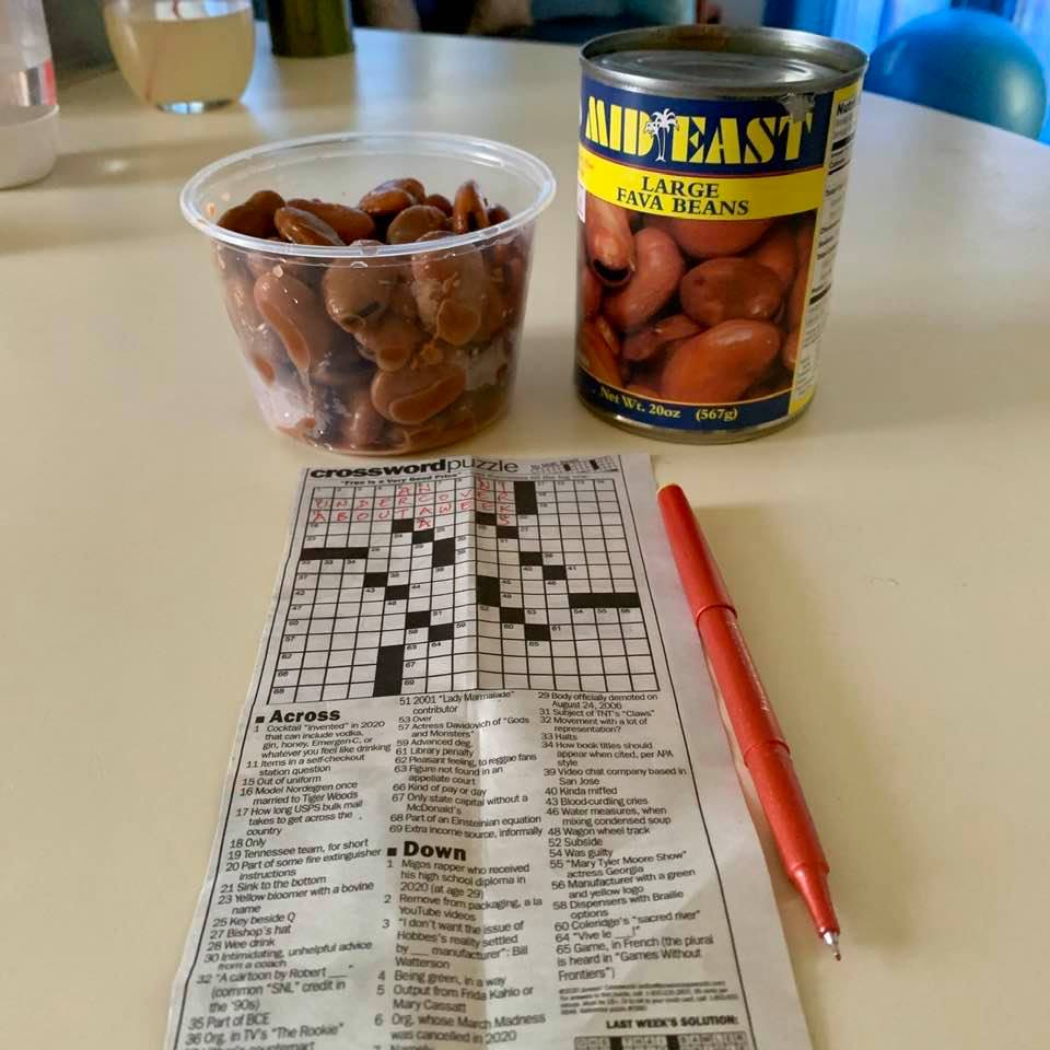 Relaxing on Sunday afternoon with fava beans from a can and a challenging crossword puzzle