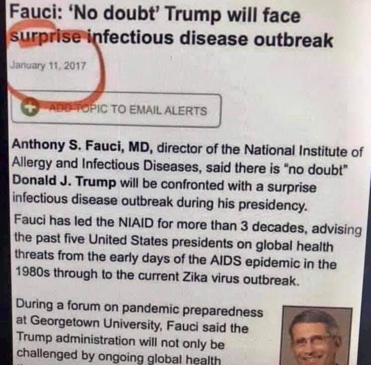 Anthony Fauci's January 2017 warning about a pandemic during Trump's presidency