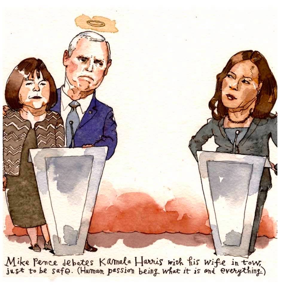 Cartoon: Mike Pence brings a chaperone to his debate with nasty woman Kamala Harris