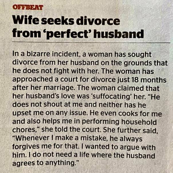 Indian woman seeks divorce, because her husband helps too much with housework and does not fight with her