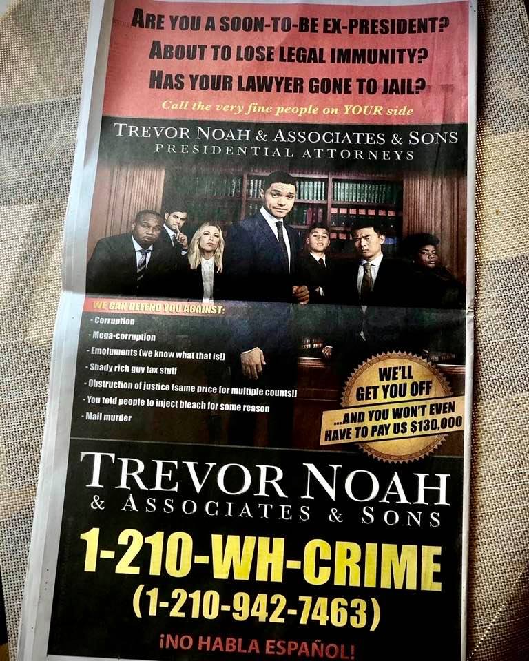Humorous full-page newspaper ad: Law firm catering to soon-to-be-ex-presidents facing criminal charges, whose lawyers are in jail