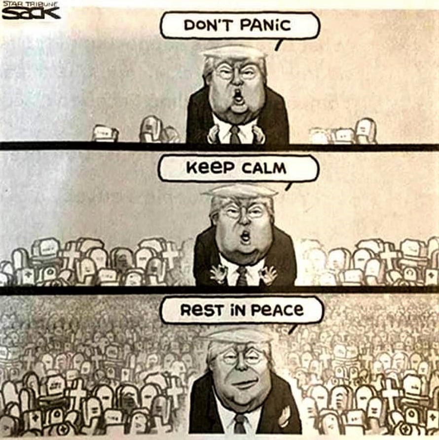 Cartoon: Don't panic ... Keep calm ... Rest in peace!