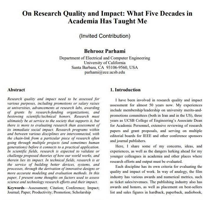 Cover page of my accepted article 'On Research Quality and Impact: What Five Decades in Academia Has Taught Me'