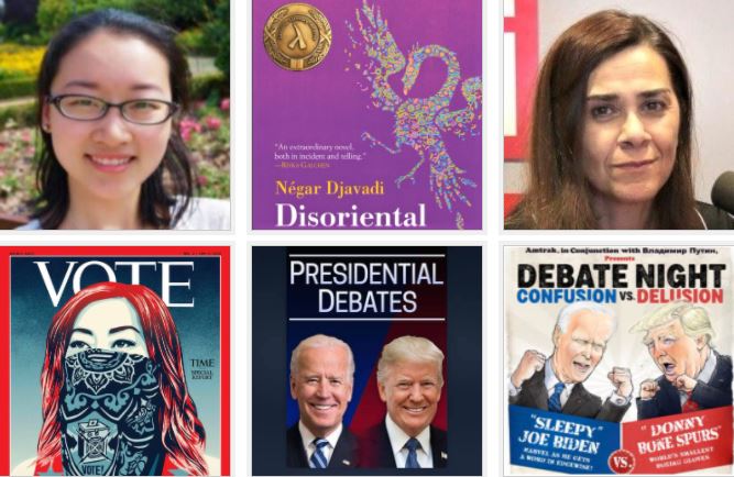 Photo of Dr. Yangying Zhu, cover image for 'Disoriental,' photo of Negar Djavadi, cover of Time magazine, and presidential debates (a flyer and a cartoon)
