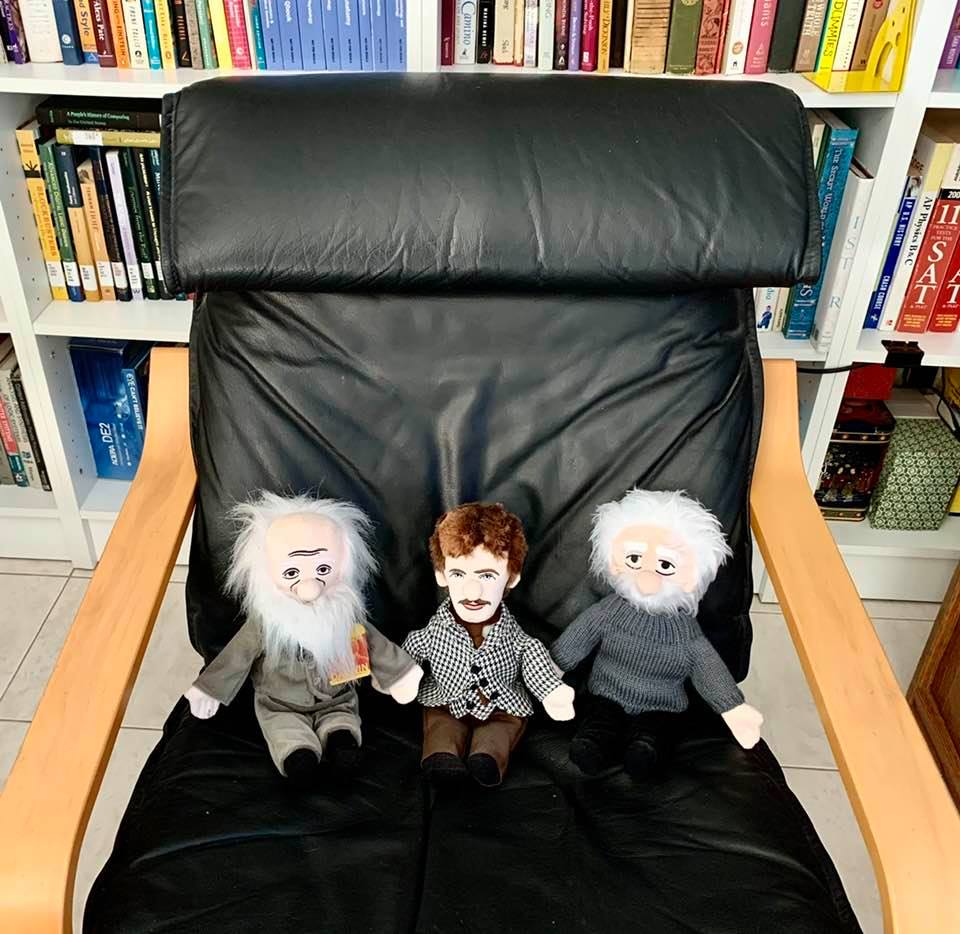Photos of scientist dolls: Darwin, Tesla, Einstein