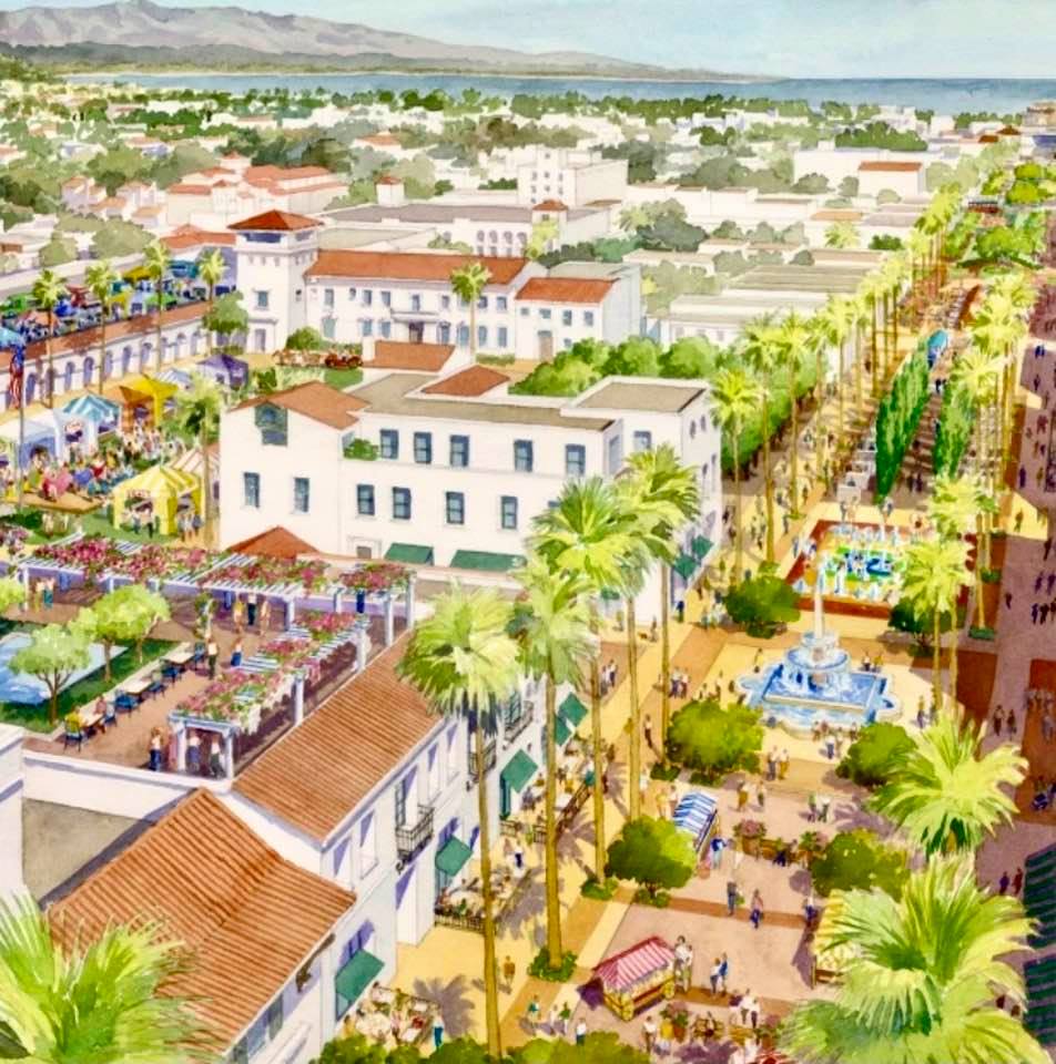 Architects' vision for Santa Barbara Downtown's State Street, redesigned for pedestrian-only traffic