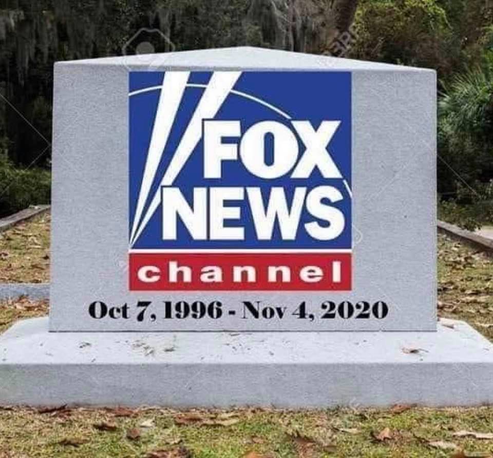 Fox News is trying to save itself from the poison of Trumpism (image of a tombstone for Fox, posted by Trump supporters)