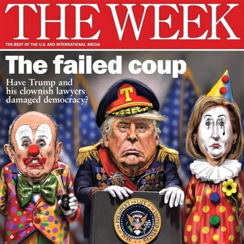 Cover image of 'The Week,' portraying a would-be dictator and his clownish legal team